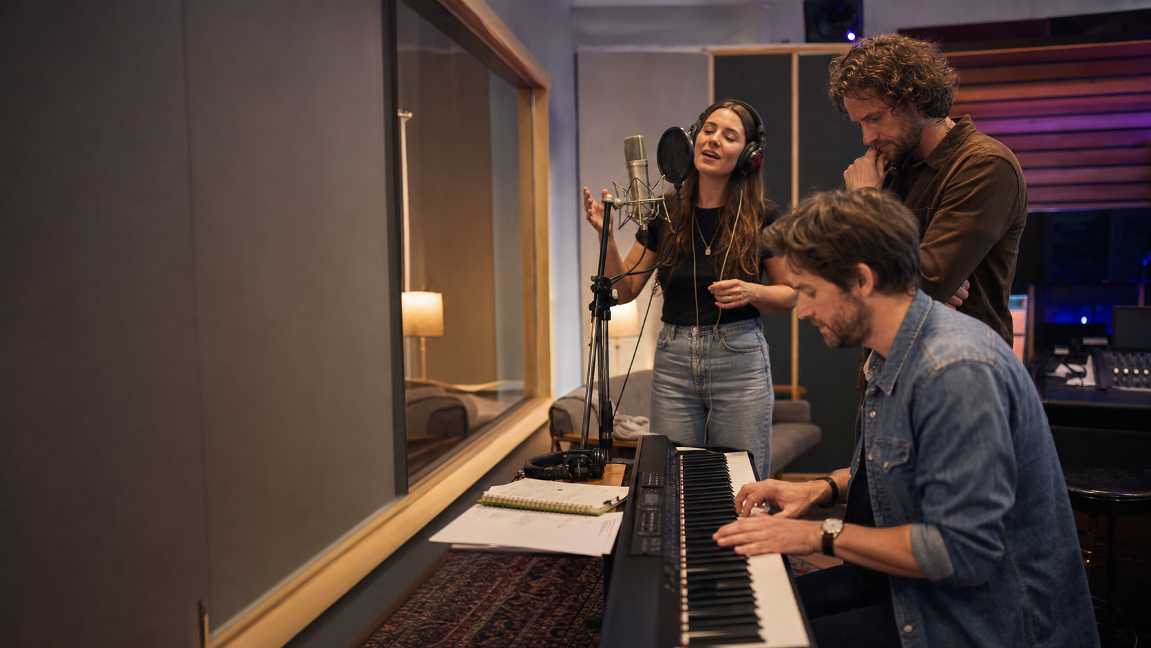 Singer, songwriter and producer working on a commercial jingle in a recording studio