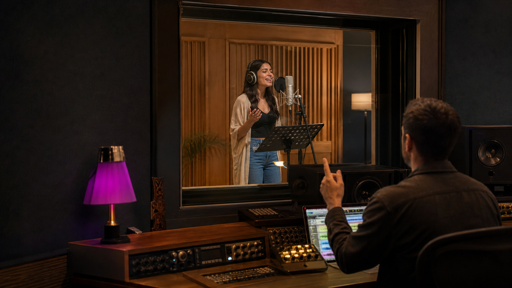 Singer recording an AdJingle while a producer directs the session